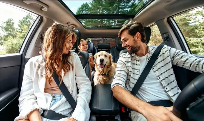 Familia viajando en carro con su perro