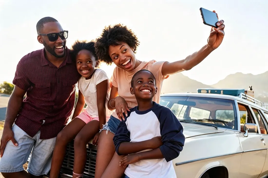 Familia tomándose una selfie junto a su carro antes de salir de viaje
